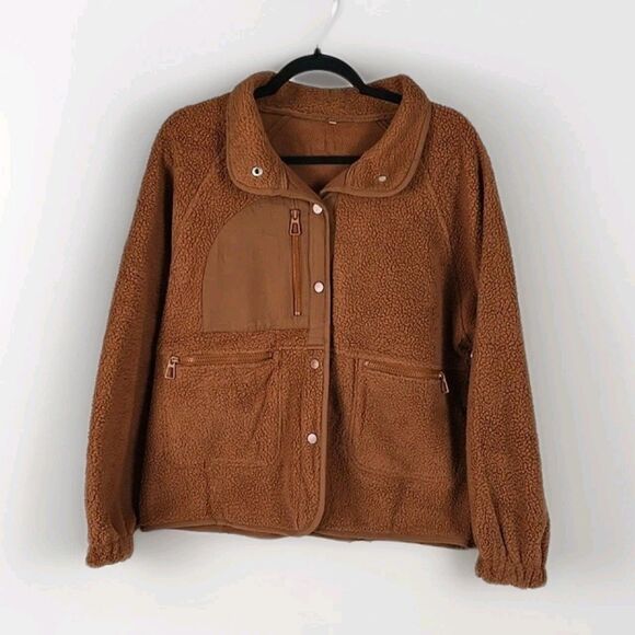 Fashion Sherpa Fleece Jacket Women Brown Polyester Medium Zip Pockets Snap Comfy - Picture 2 of 11